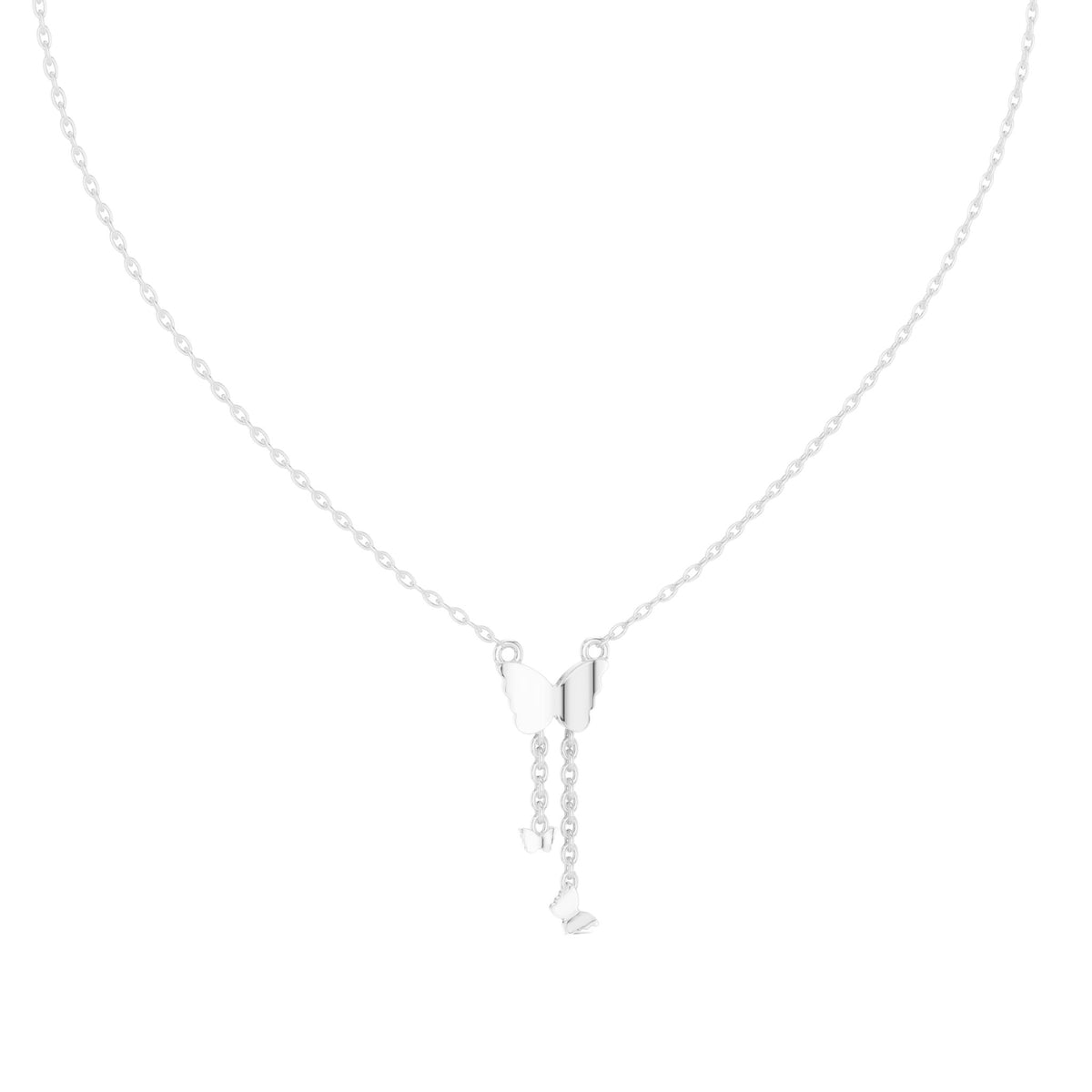 Butterfly diamond drop pendant on a white gold chain with round stone detail