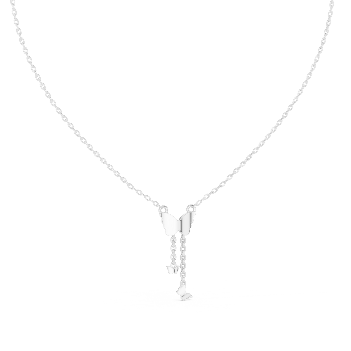Butterfly diamond drop pendant on a white gold chain with round stone detail