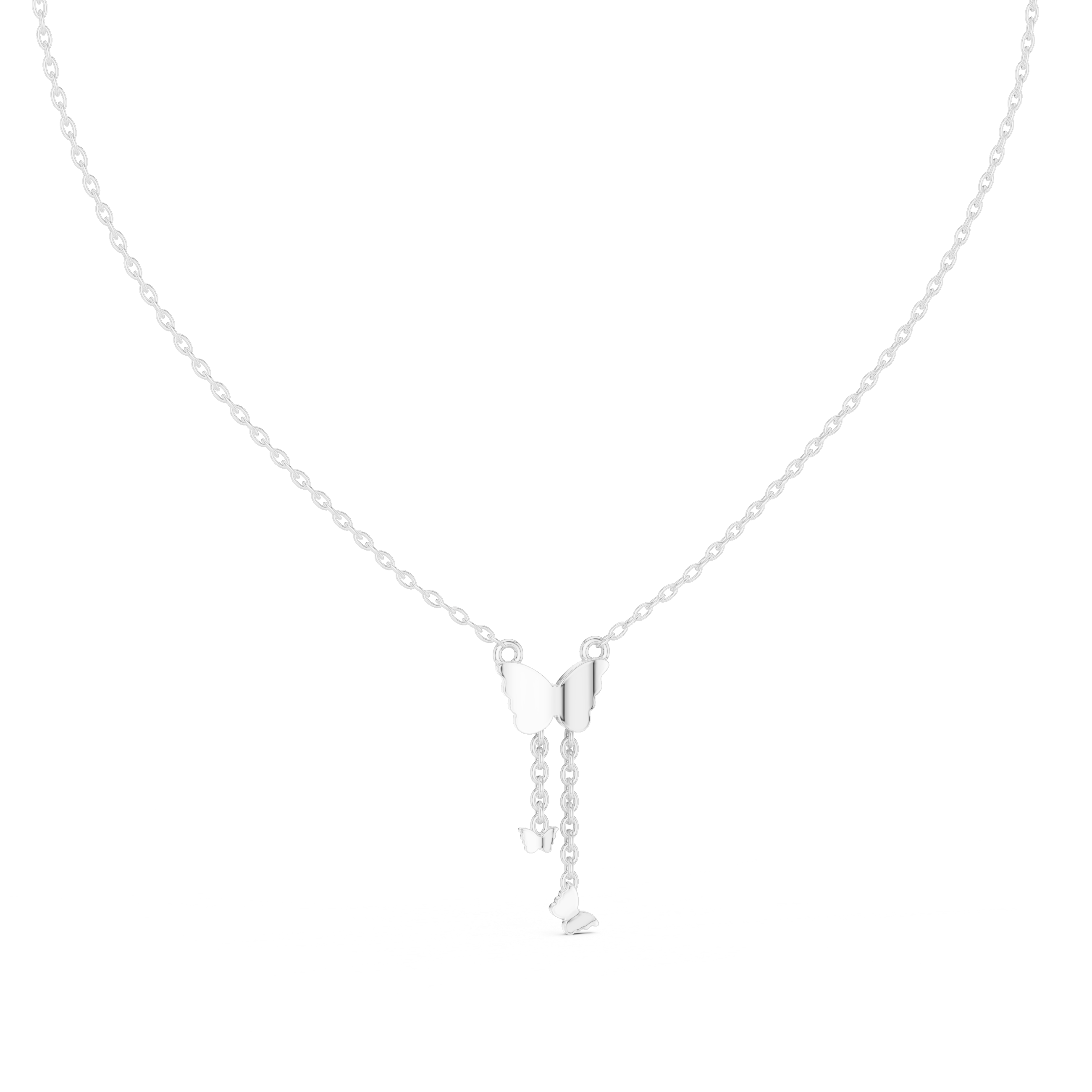 Butterfly diamond drop pendant on a white gold chain with round stone detail