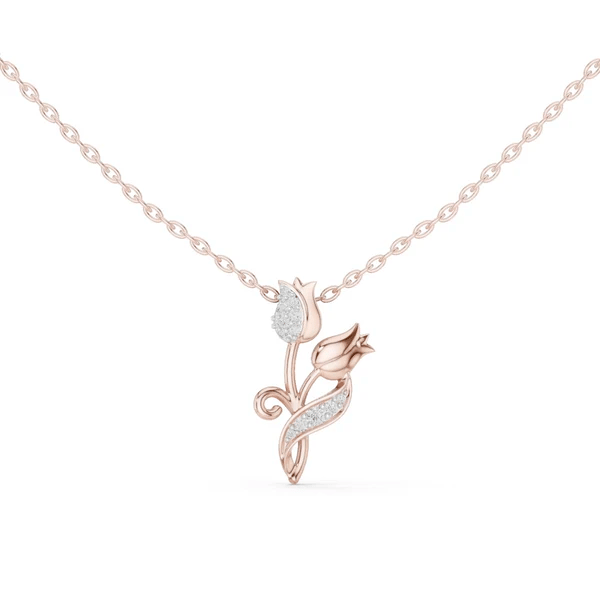 Rose gold tulip botanical pendant necklace with round diamond accents and blue stones