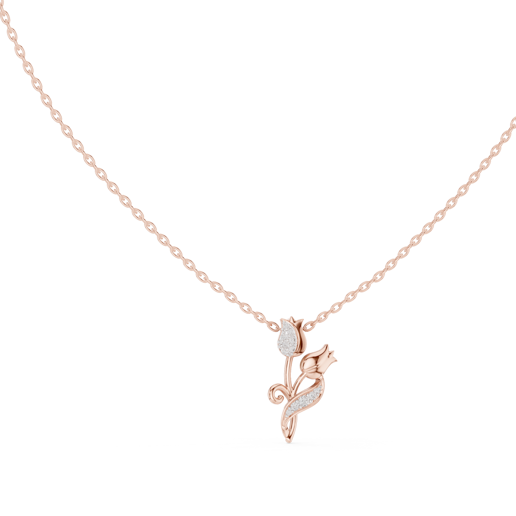 Round diamond tulip pendant on rose gold chain, botanical leaf-like setting