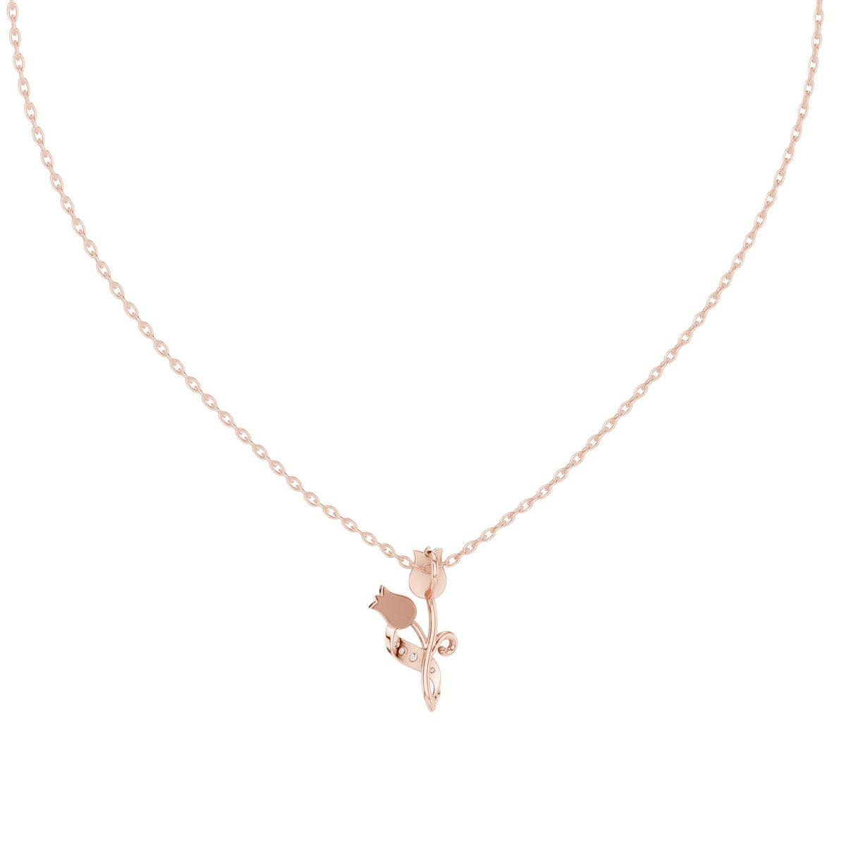 Round diamond tulip pendant on rose gold chain, centered botanical diamond motif