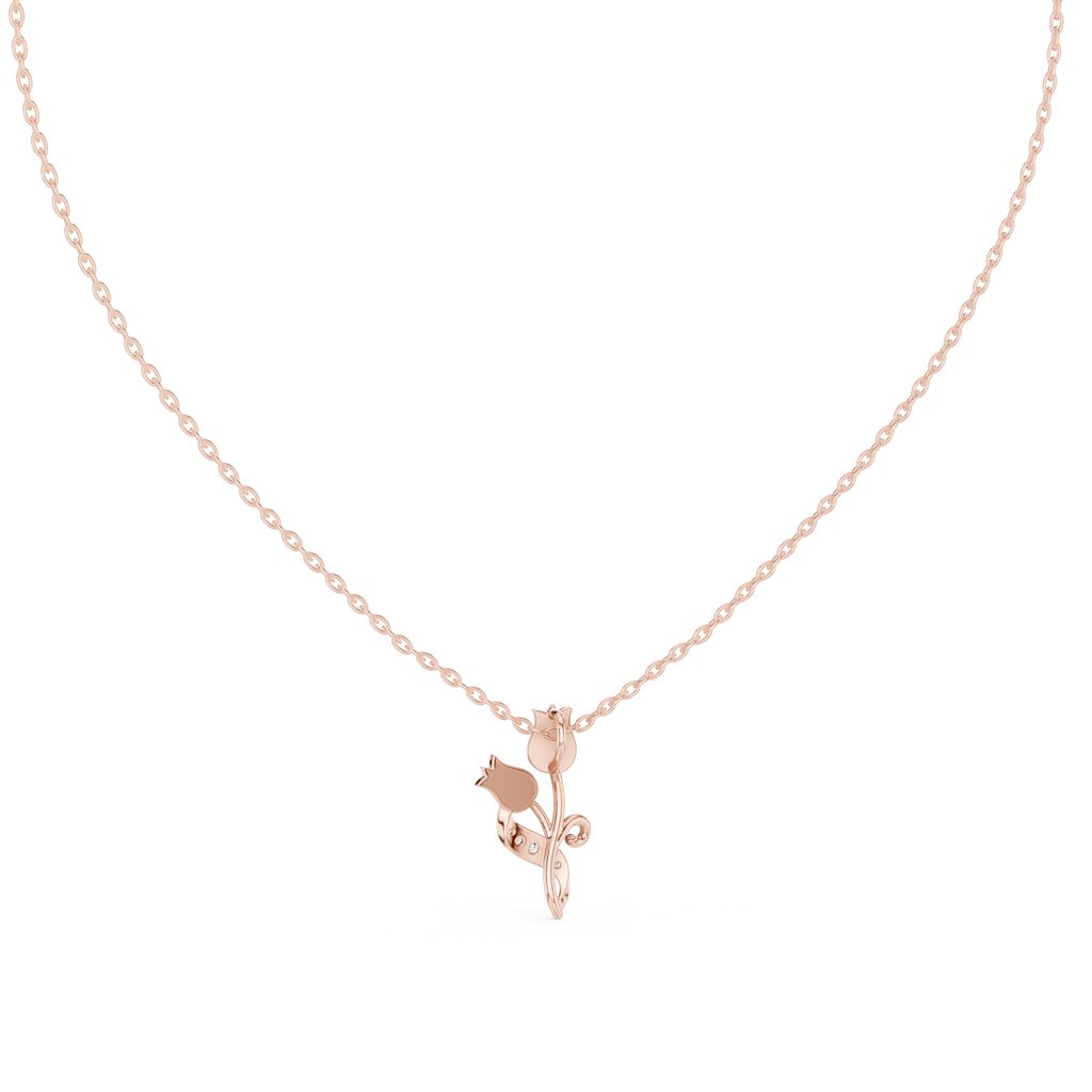 Round diamond tulip pendant on rose gold chain, centered botanical diamond motif