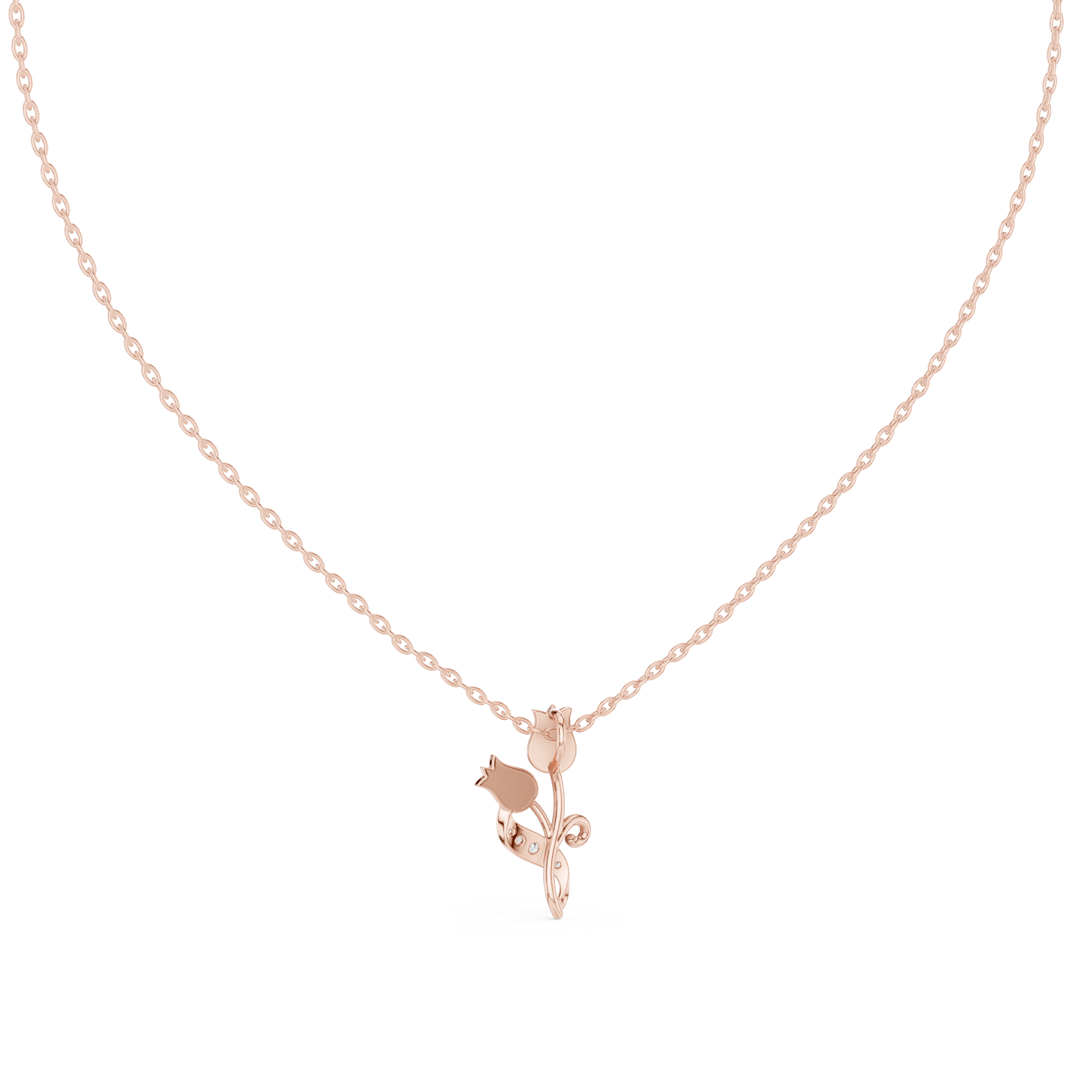 Round diamond tulip pendant on rose gold chain, centered botanical diamond motif