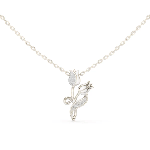White gold tulip botanical pendant necklace with round diamond accents and blue stones