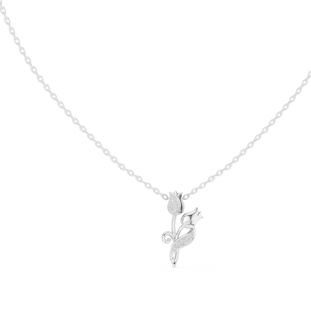 White gold tulip botanical pendant necklace with round diamond accents and blue stones