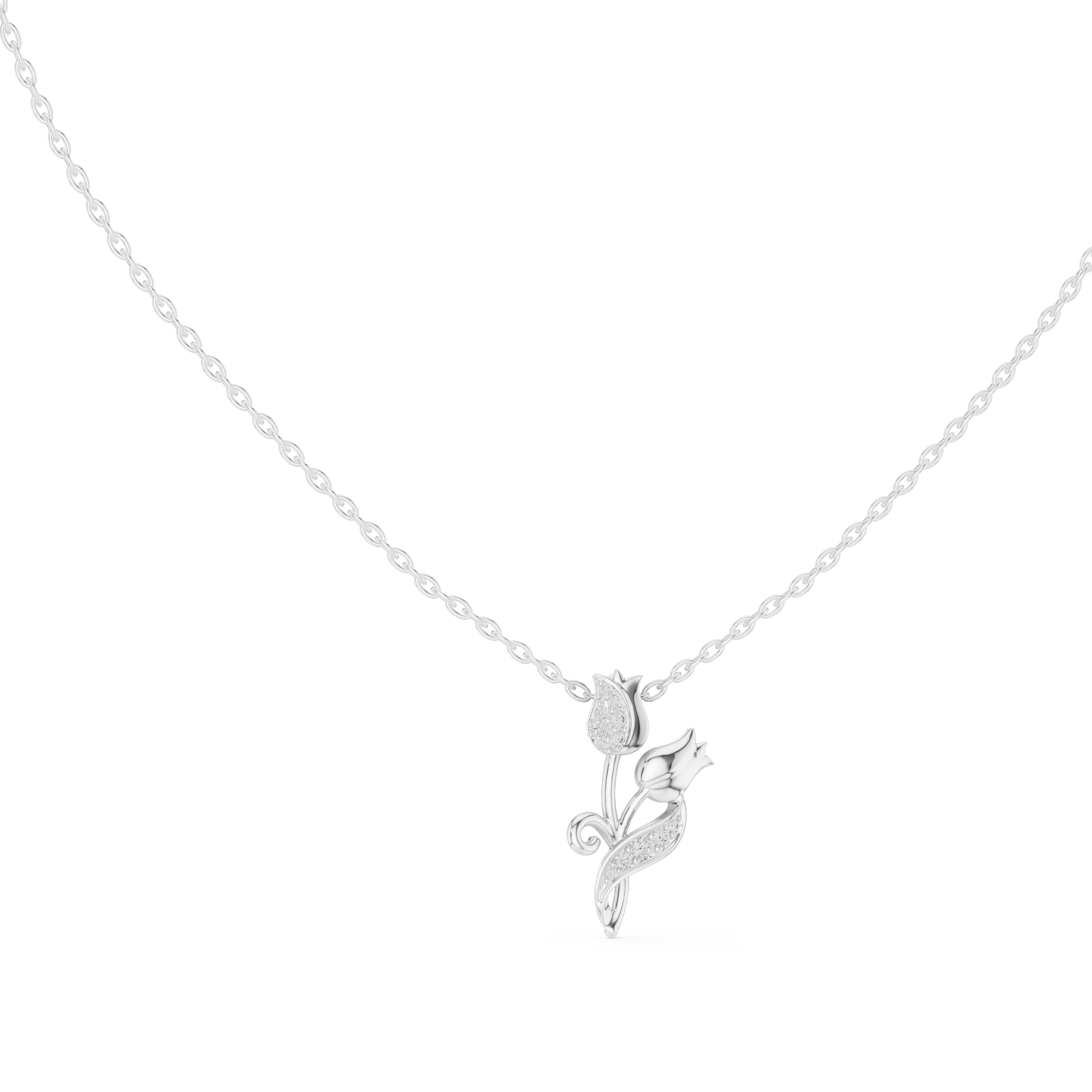 White gold tulip botanical pendant necklace with round diamond accents and blue stones