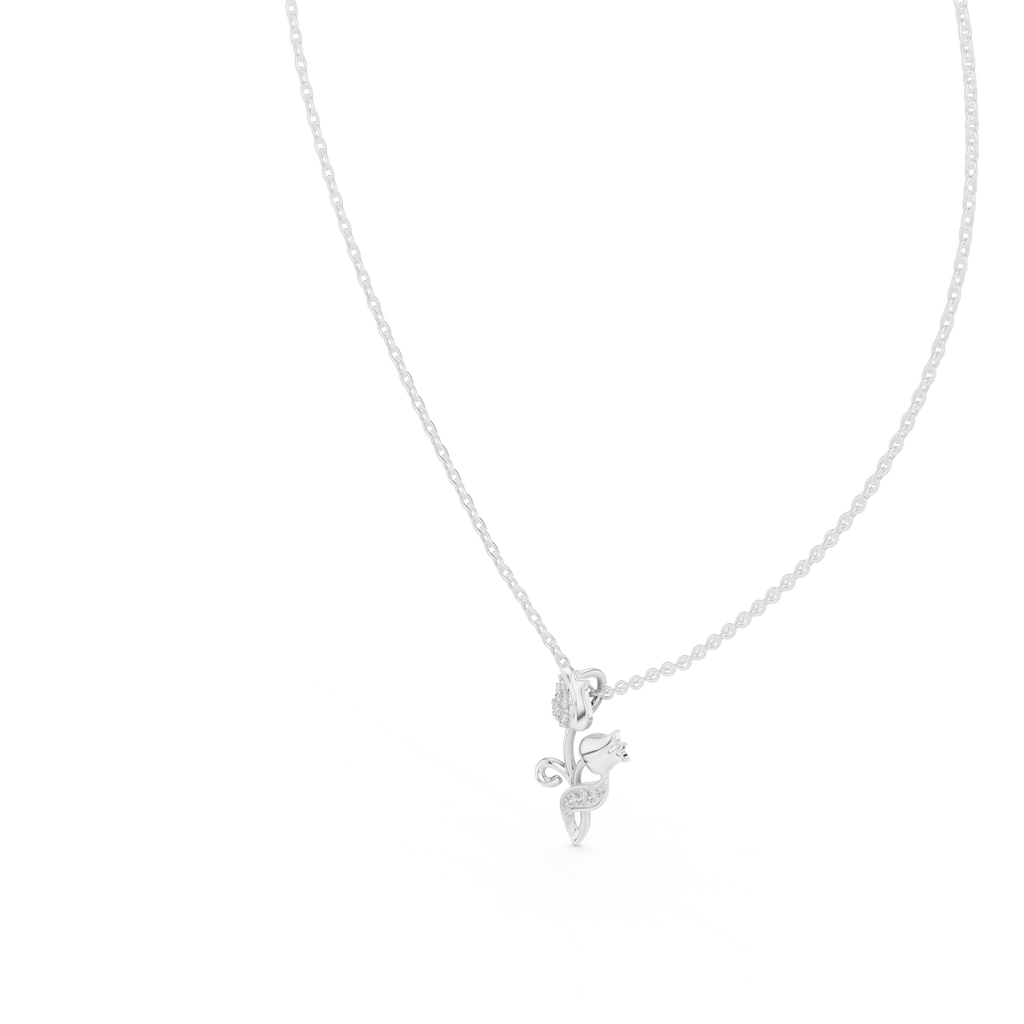 Round diamond tulip pendant on white metal chain, leaf-like setting