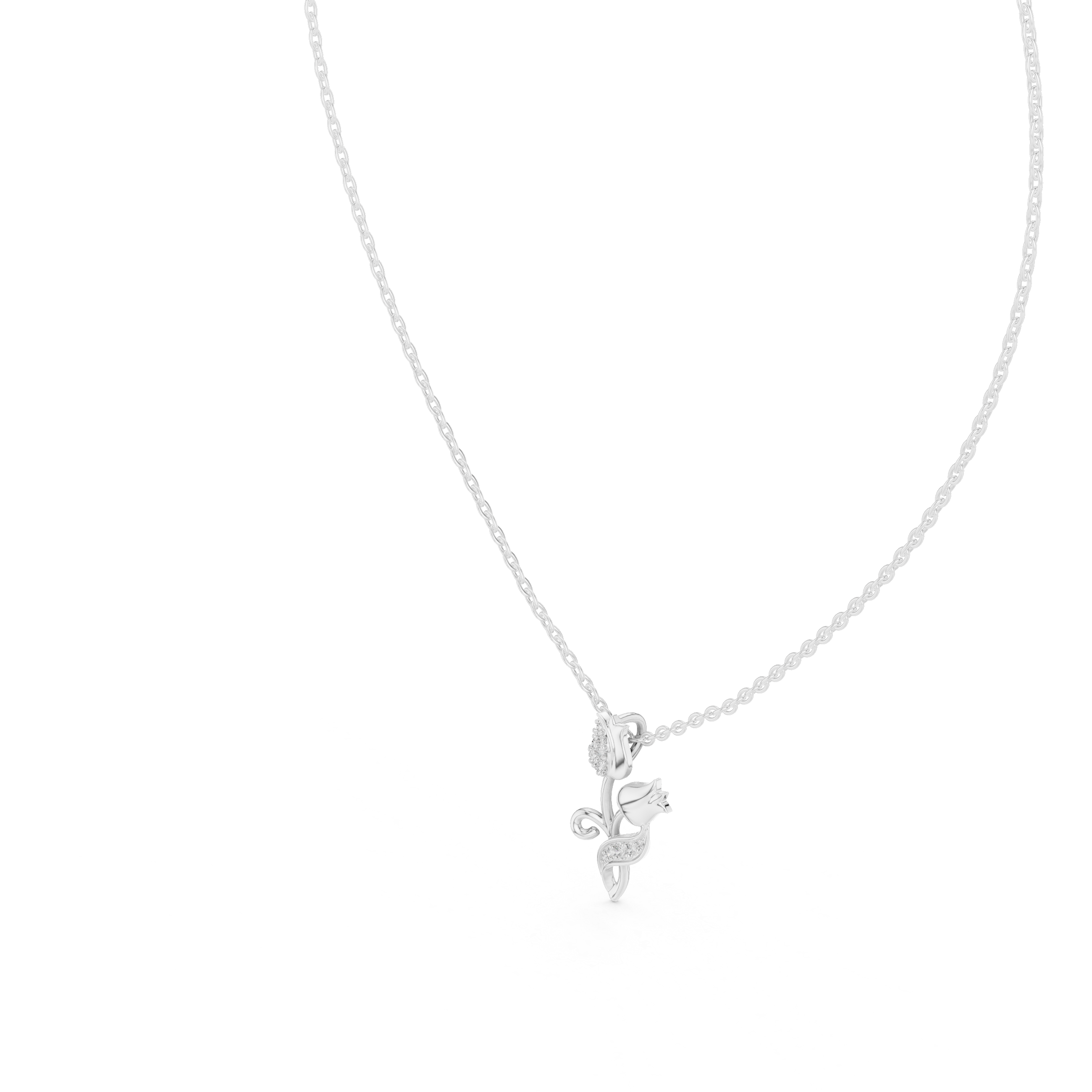 Round diamond tulip pendant on white metal chain, leaf-like setting