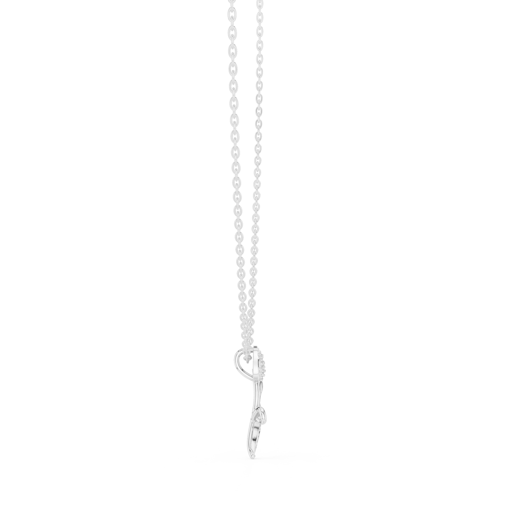 White gold tulip botanical pendant necklace, bottom view, with round diamond accents and blue stones