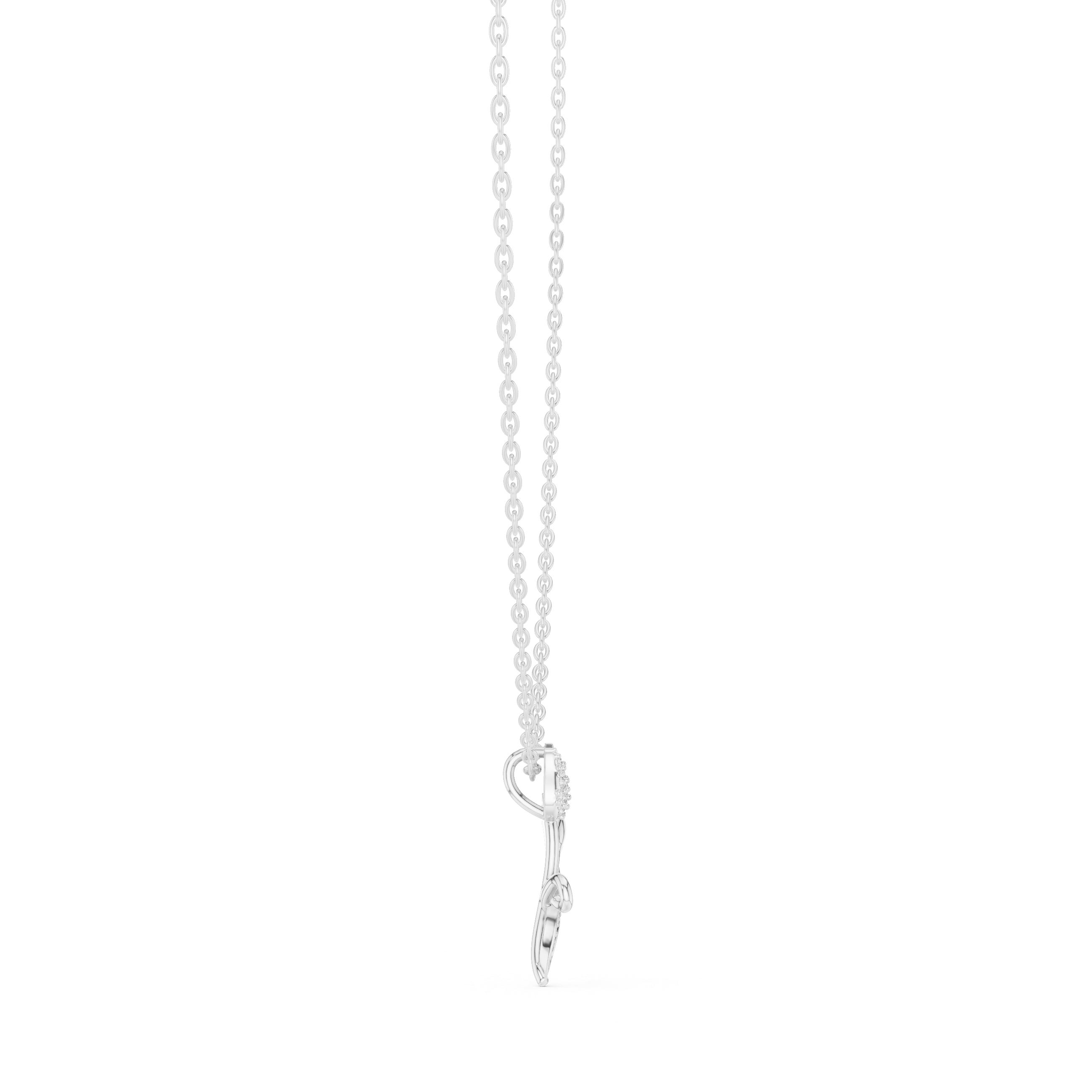 White gold tulip botanical pendant necklace, bottom view, with round diamond accents and blue stones