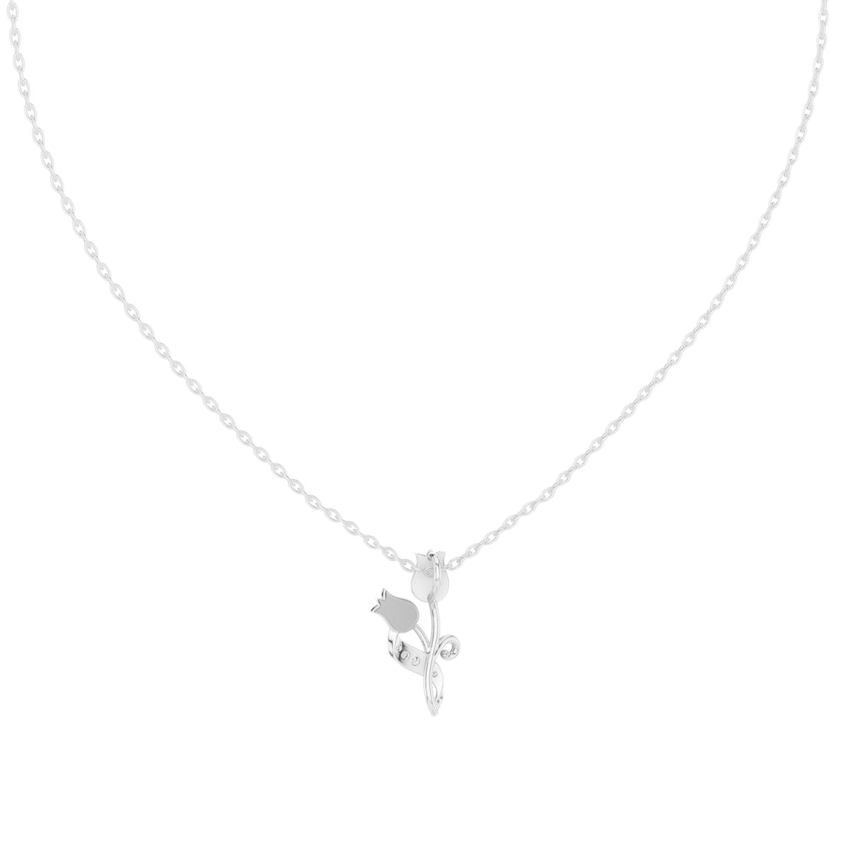 White gold botanical diamond pendant with tulip and leaf motif on chain