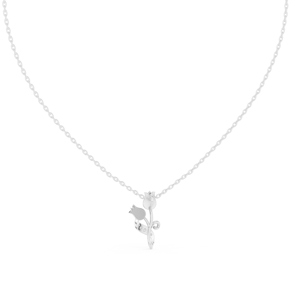 White gold tulip botanical pendant necklace with blue stones and round diamond accents on chain