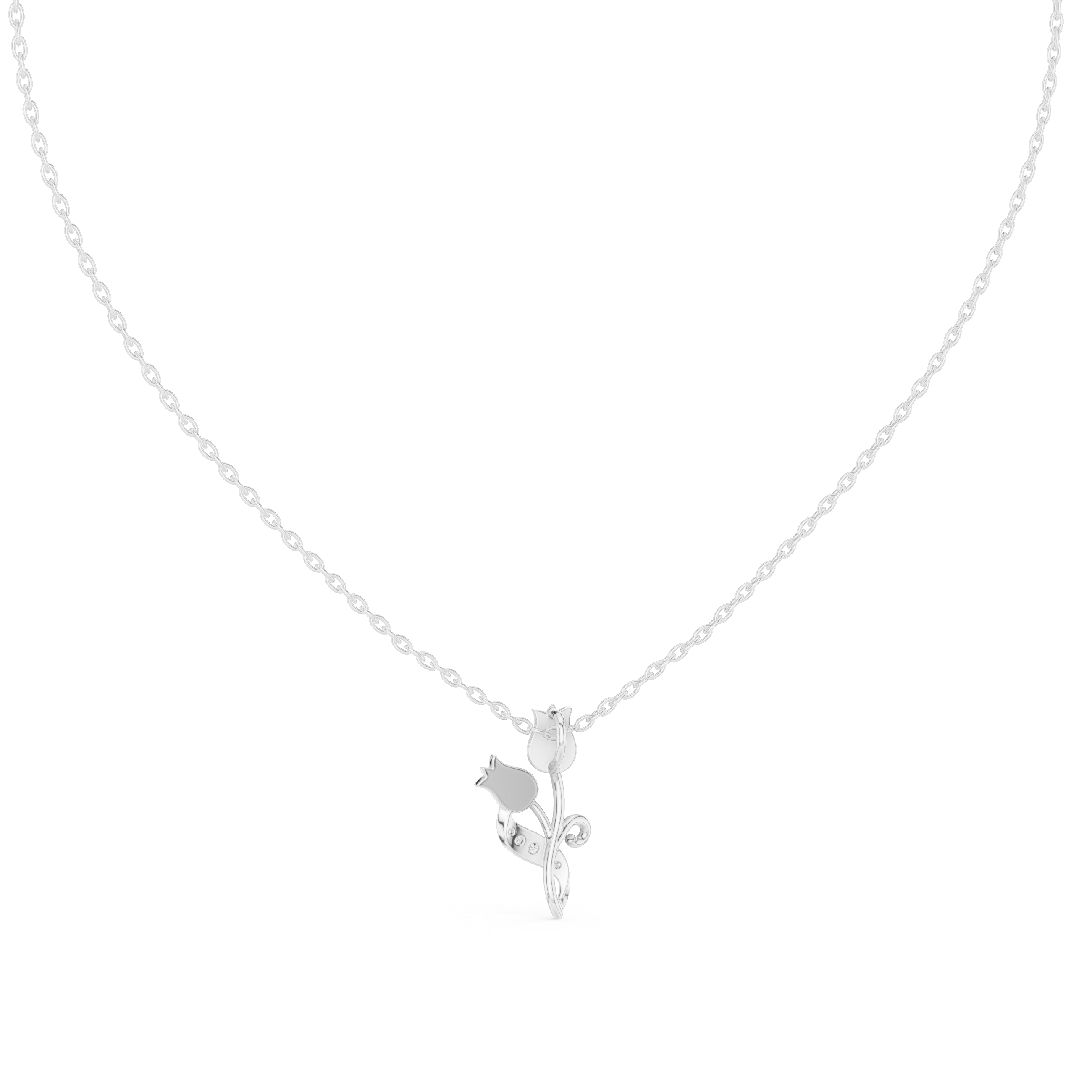 White gold tulip botanical pendant necklace with blue stones and round diamond accents on chain