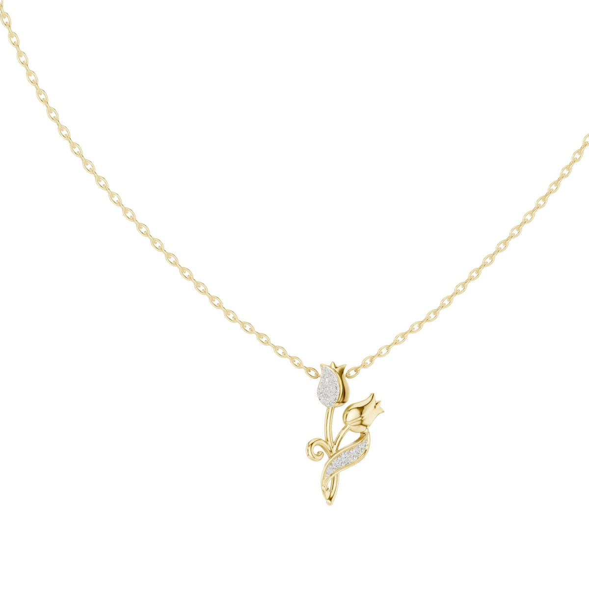 Yellow gold botanical round diamond pendant with tulip and leaf motif on chain