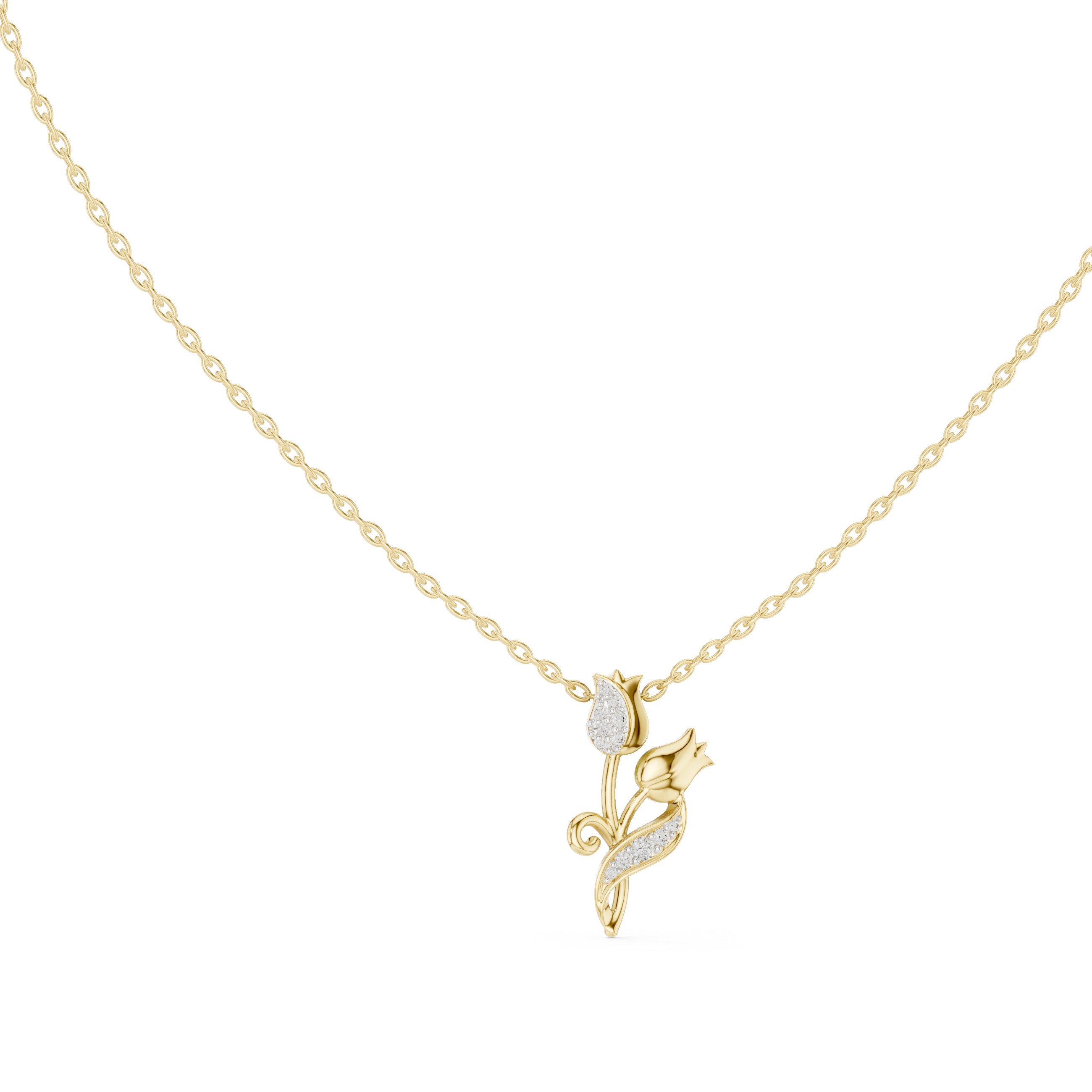 Yellow gold botanical round diamond pendant with tulip and leaf motif on chain