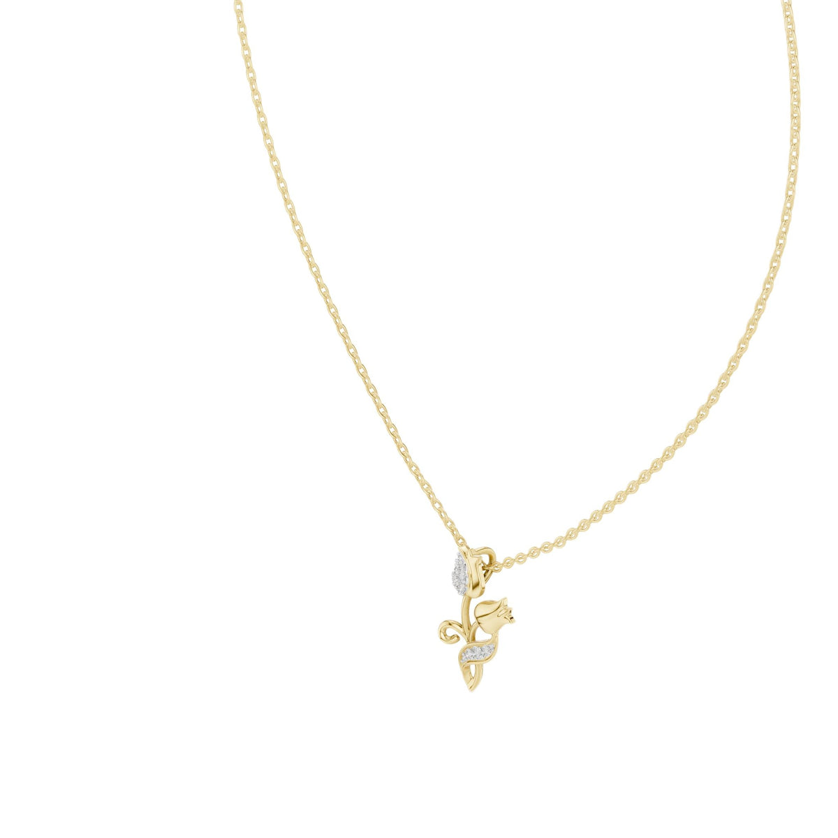 Yellow gold botanical pendant with round diamond and leaf motif on chain