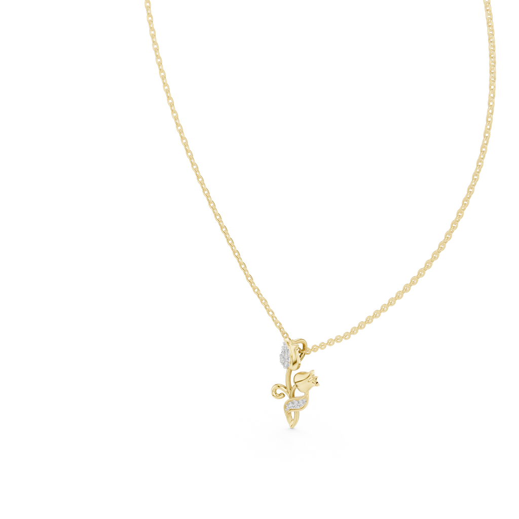 Yellow gold tulip botanical pendant with round diamond accents and blue stones, close-up