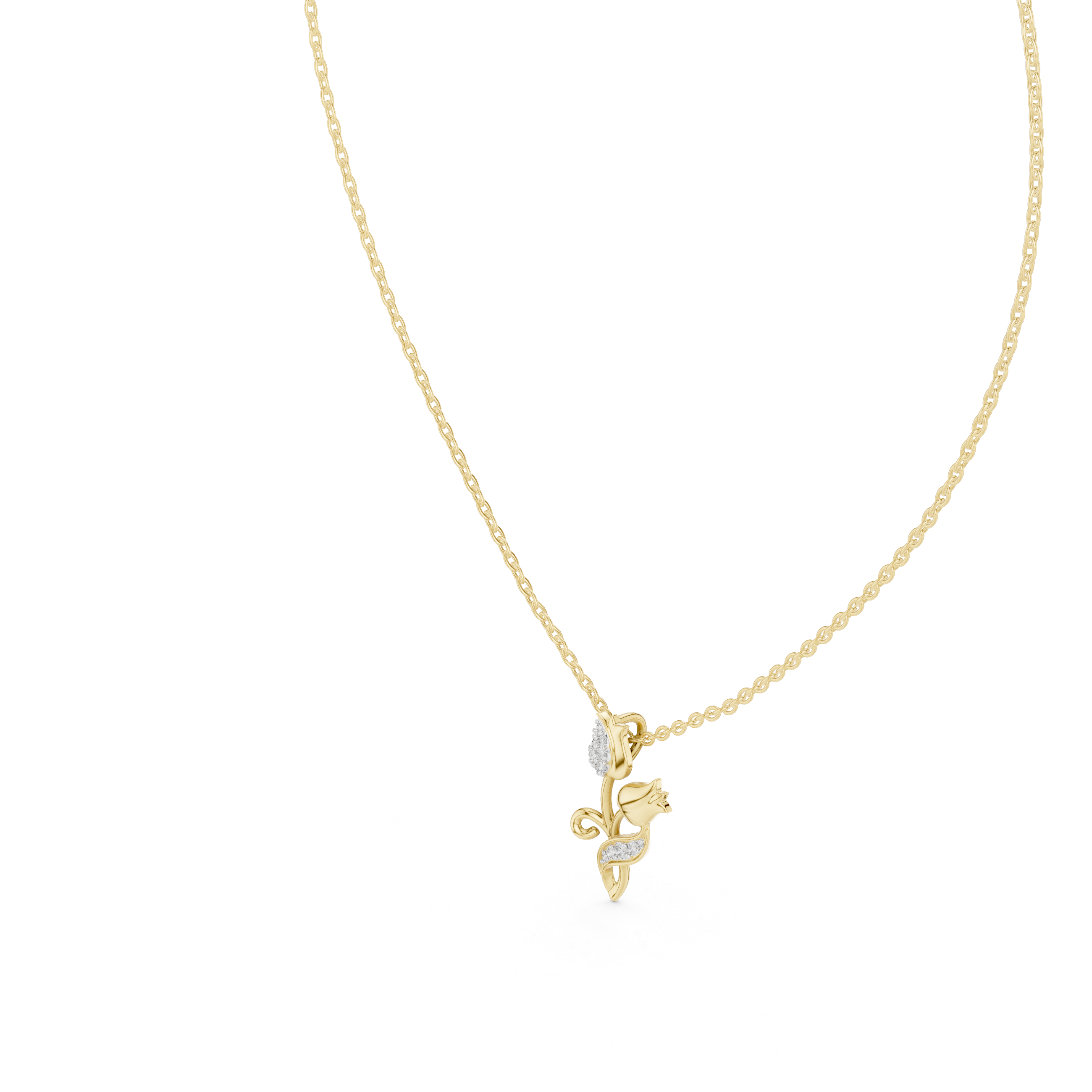 Yellow gold tulip botanical pendant with round diamond accents and blue stones, close-up