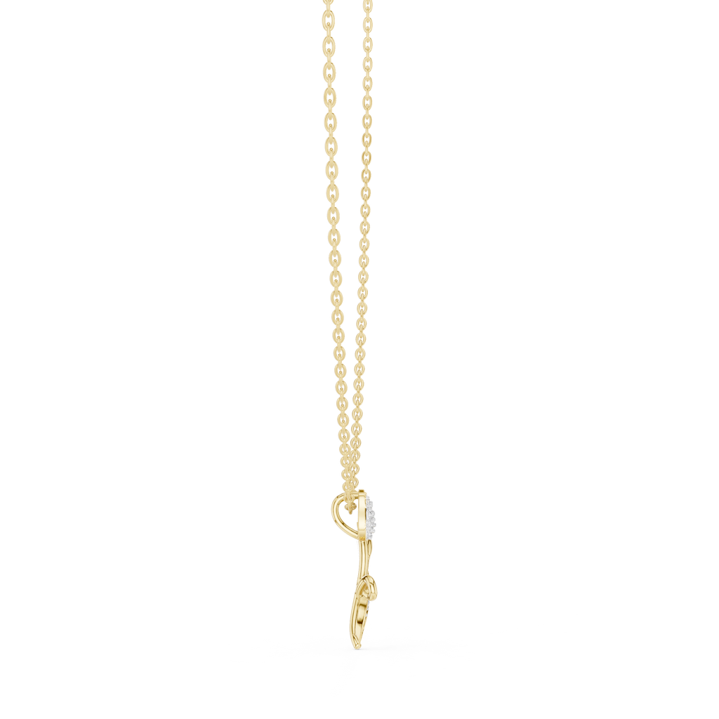 Yellow gold tulip botanical pendant necklace, bottom view, with round diamond accents and blue stones