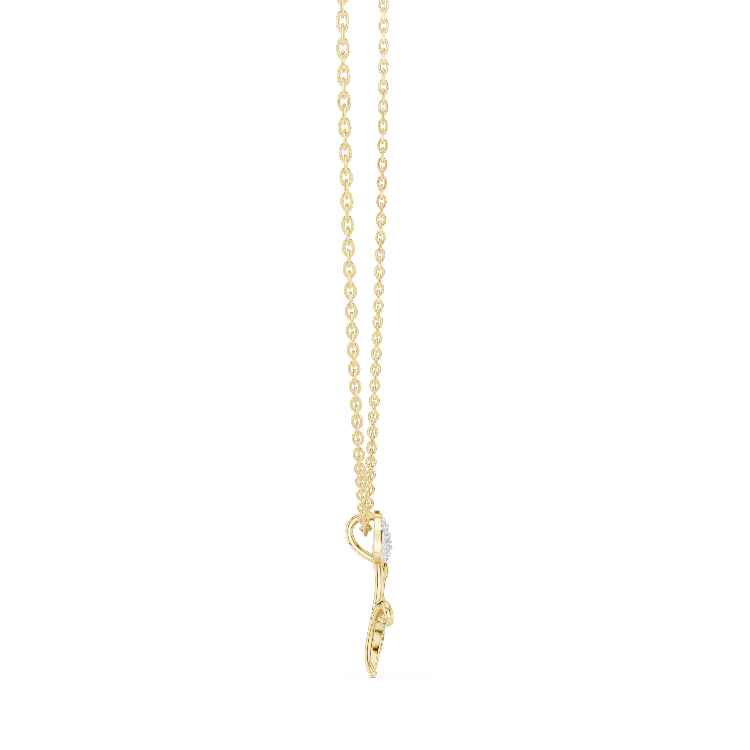 Yellow gold tulip botanical pendant necklace, bottom view, with round diamond accents and blue stones