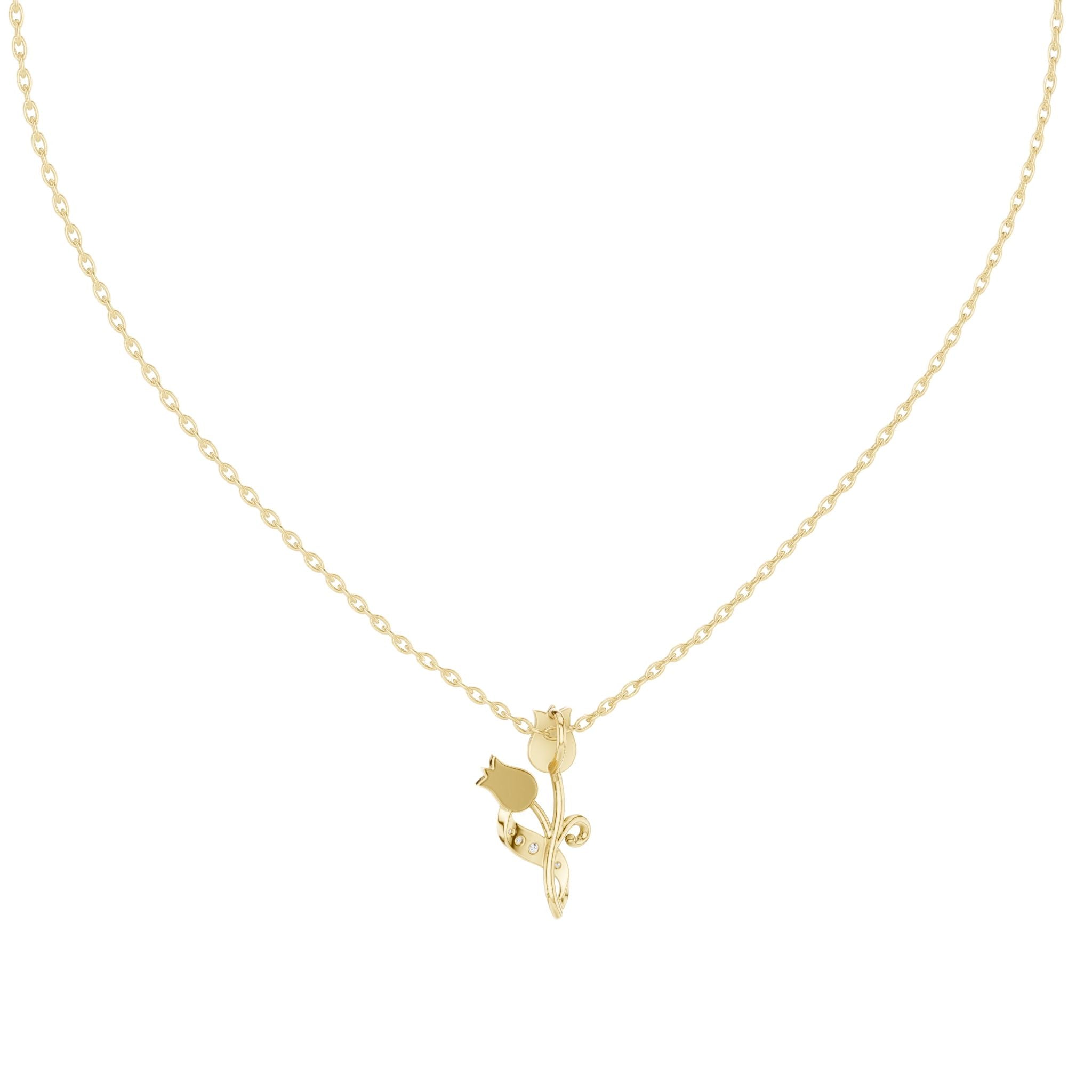 Yellow gold tulip-shaped diamond pendant with leaf details on chain