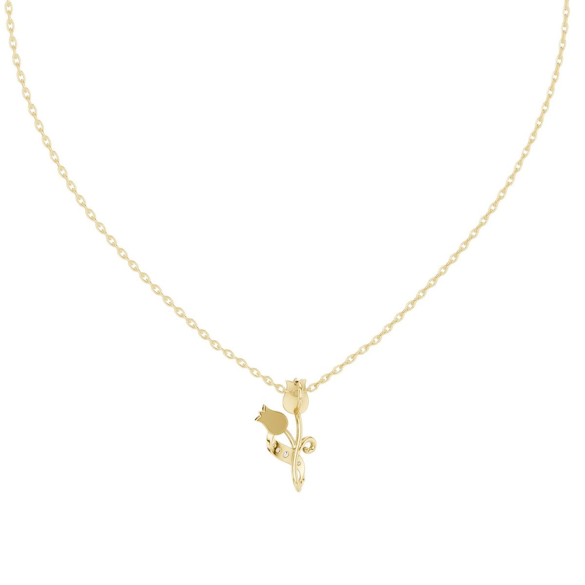 Yellow gold tulip-shaped diamond pendant with leaf details on chain