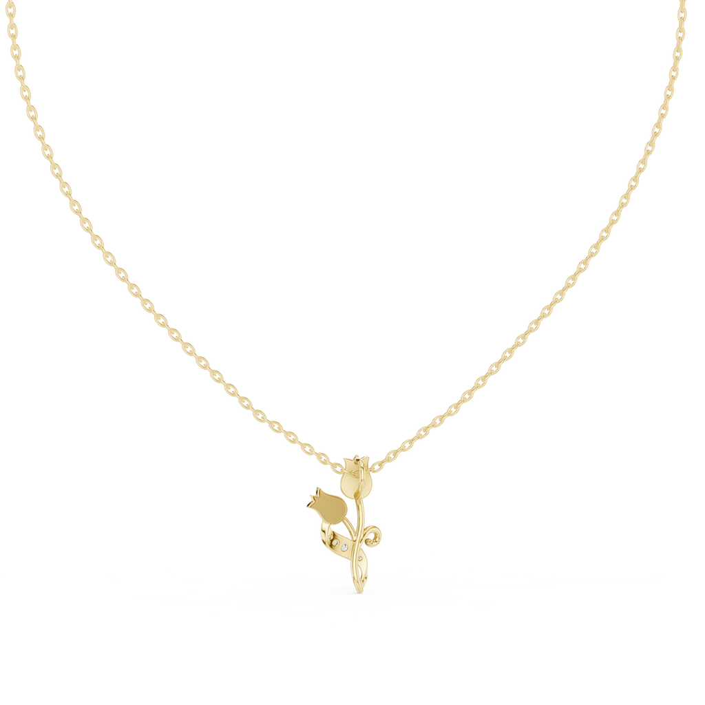 Yellow gold tulip botanical pendant necklace with blue stones and round diamond accents