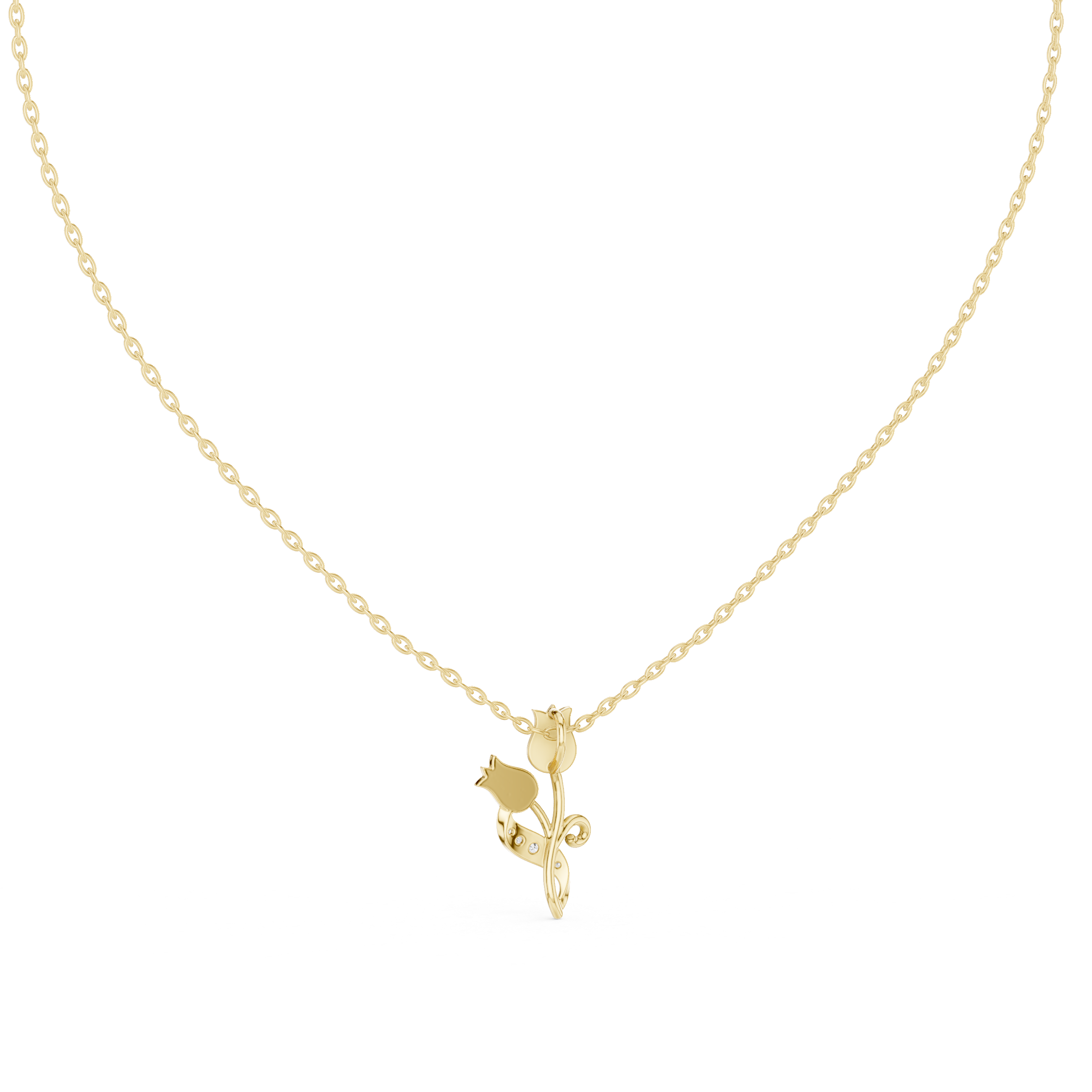 Yellow gold tulip botanical pendant necklace with blue stones and round diamond accents