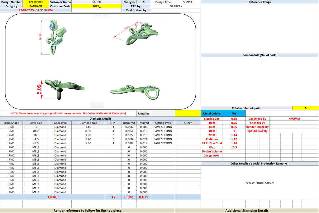 Tulip botanical pendant design worksheet with parts list and diamond details
