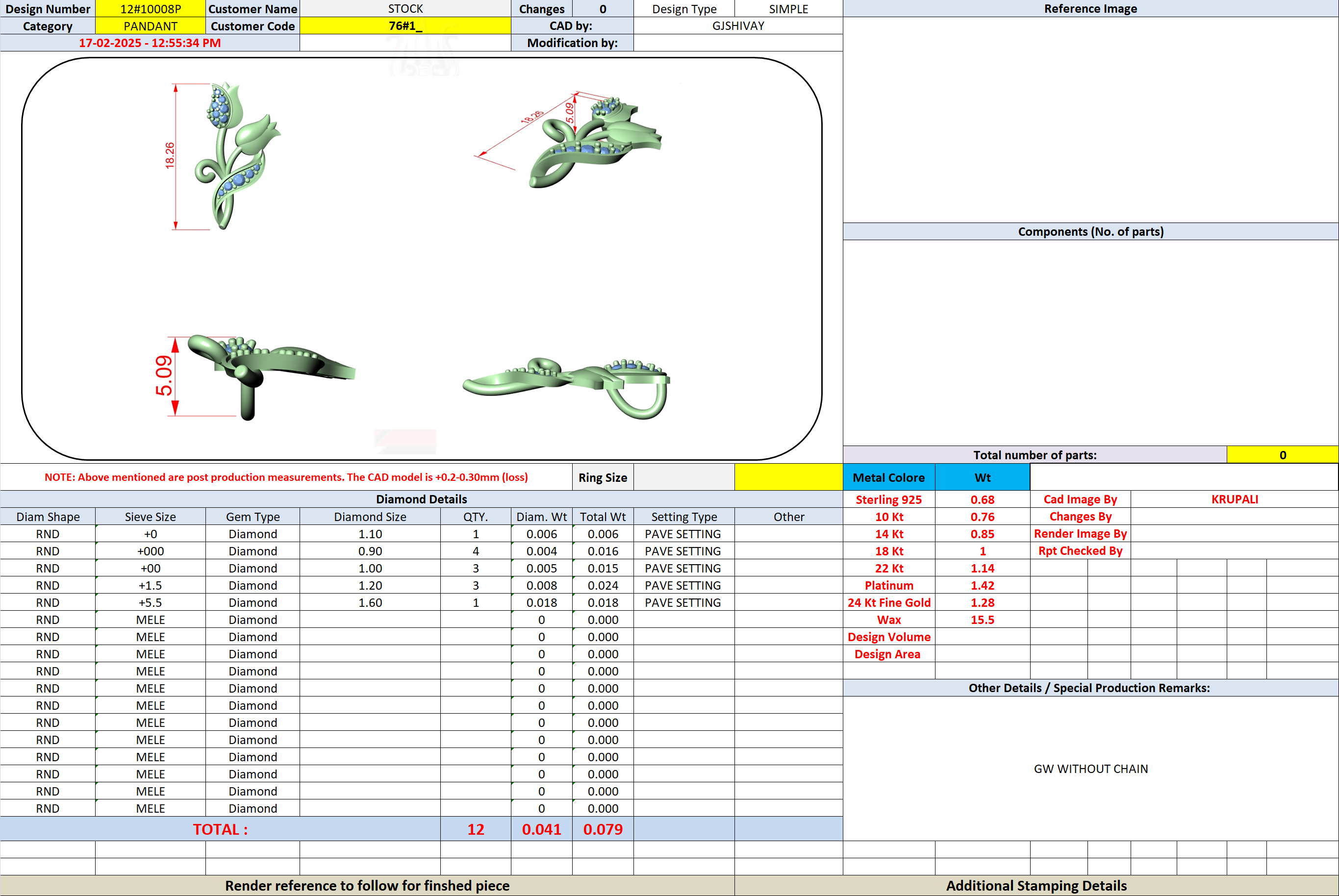 Tulip botanical pendant design worksheet with parts list and diamond details