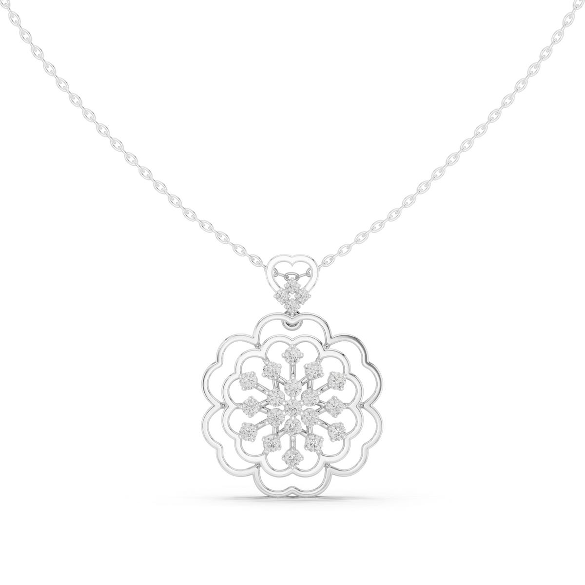 White gold floral diamond cluster pendant with round center and openwork flower shape