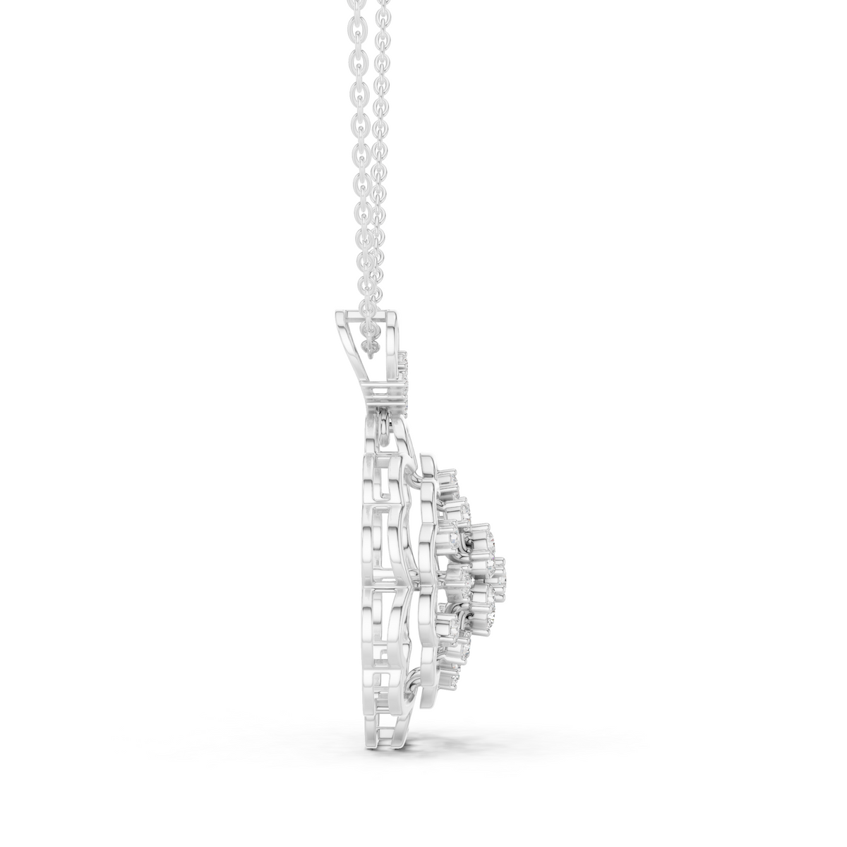 Diamond cluster pendant in white metal, side view with chain and round center stones