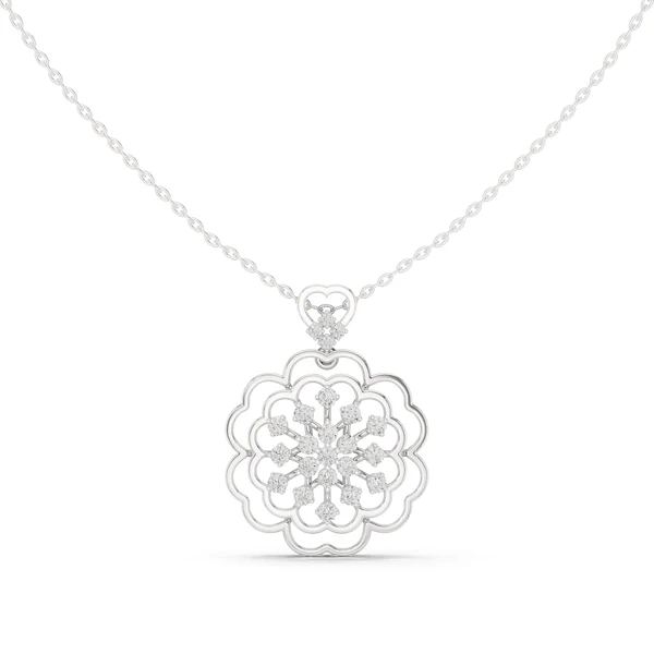 White gold floral diamond cluster pendant with round center and scalloped petals