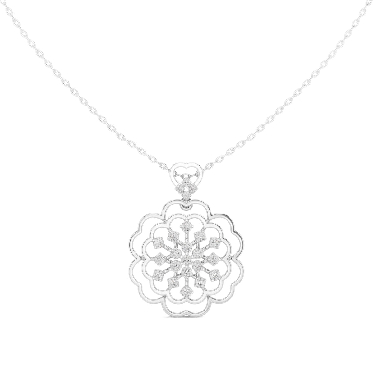 White gold floral diamond cluster pendant with round center and layered petal frame