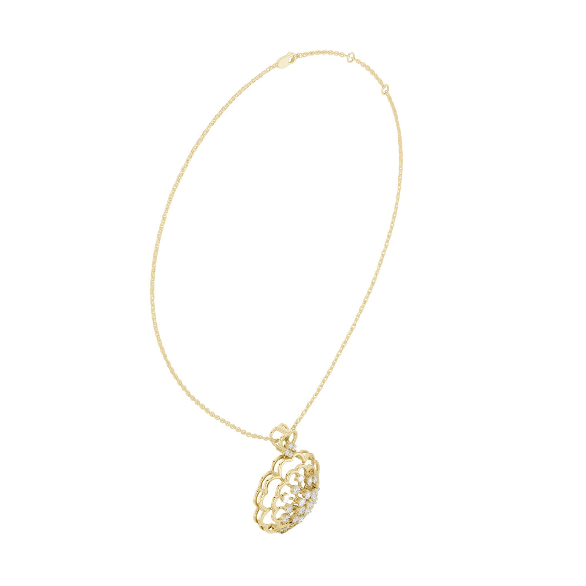 Diamond cluster pendant in yellow gold with ornate floral frame and round center diamonds