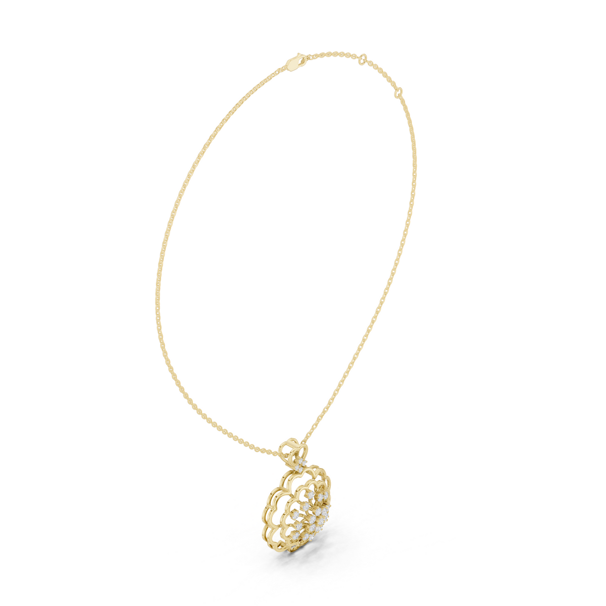 Diamond cluster pendant in yellow gold with ornate floral frame and round center diamonds