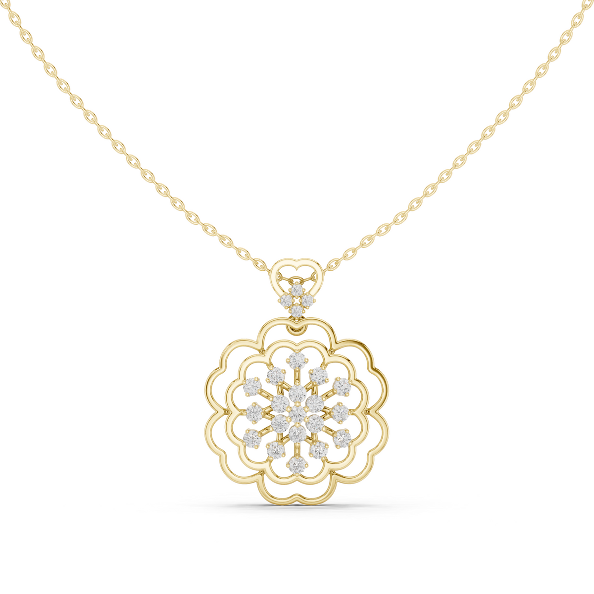 Yellow gold floral diamond cluster pendant with round center and layered petal frame
