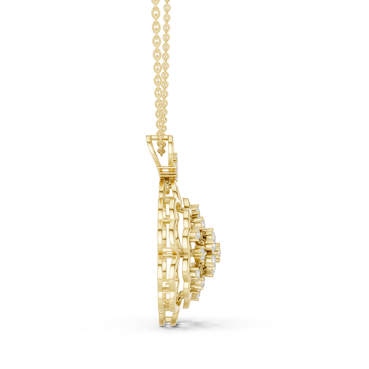Yellow gold floral diamond cluster pendant side view with round scalloped edges