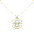 Yellow gold floral diamond cluster pendant with round center and scalloped petals