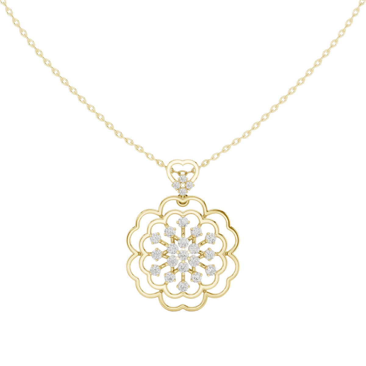 Yellow gold floral diamond cluster pendant with round center and openwork flower shape