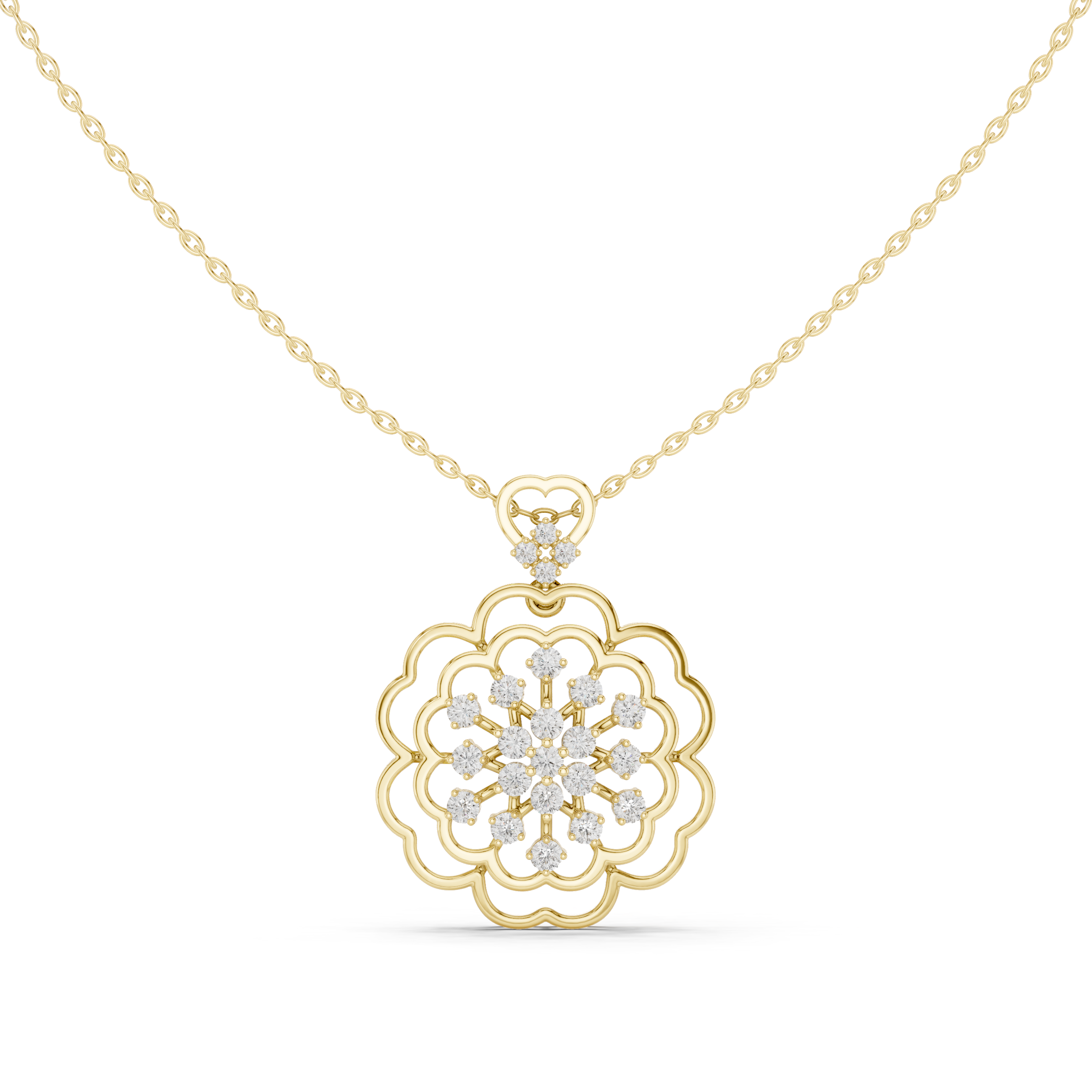 Yellow gold floral diamond cluster pendant with round center and openwork flower shape