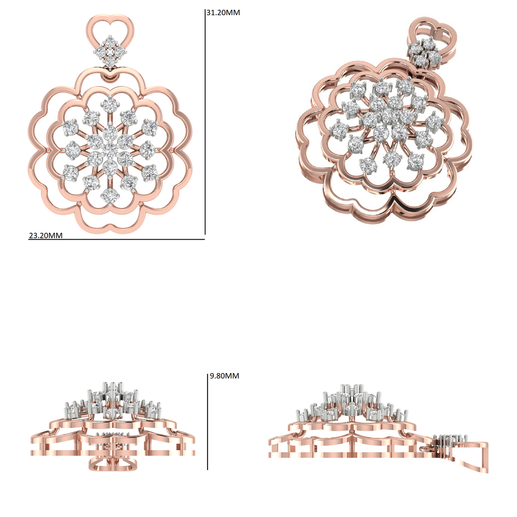 Rose gold floral round diamond cluster pendant with dimension diagram
