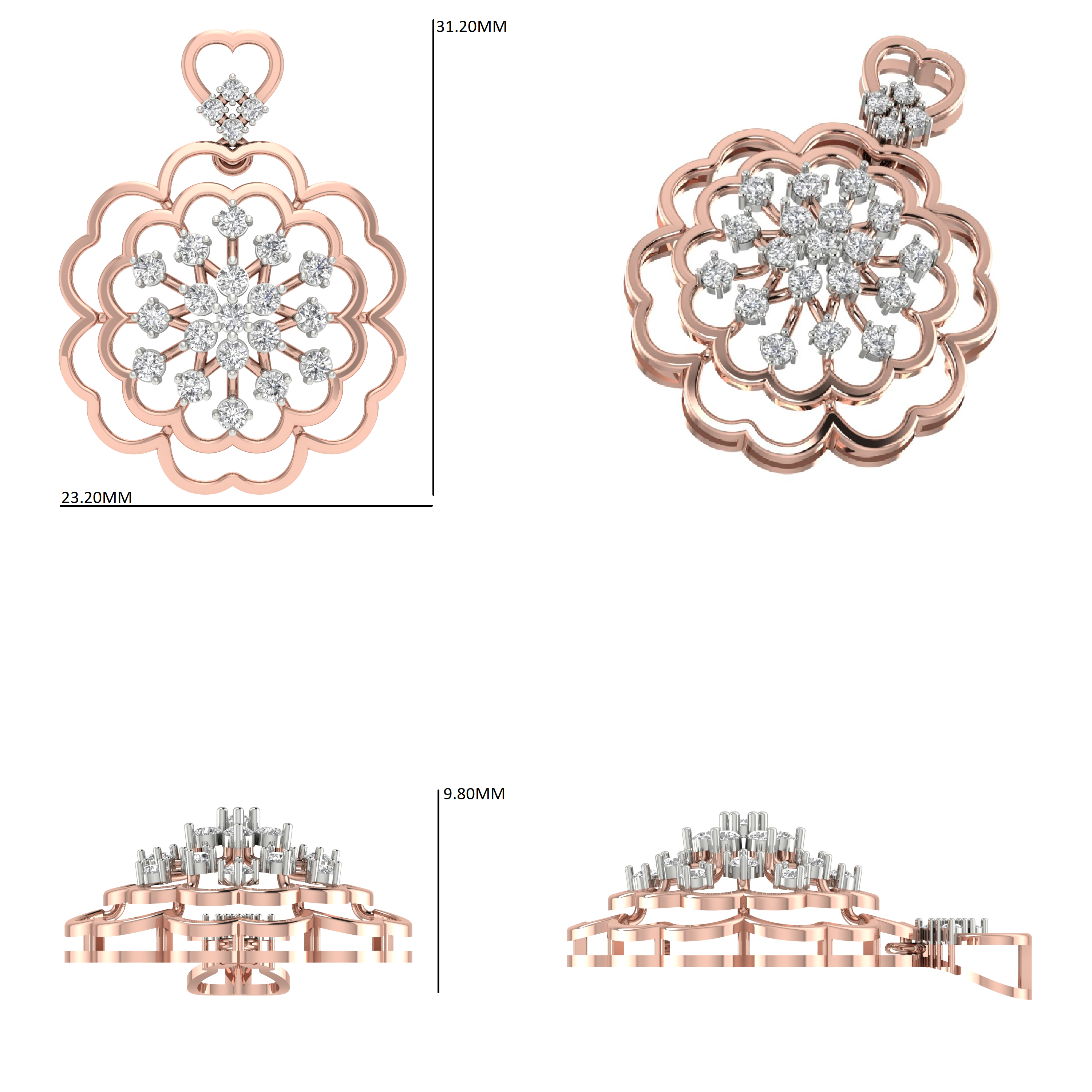 Rose gold floral round diamond cluster pendant with dimension diagram