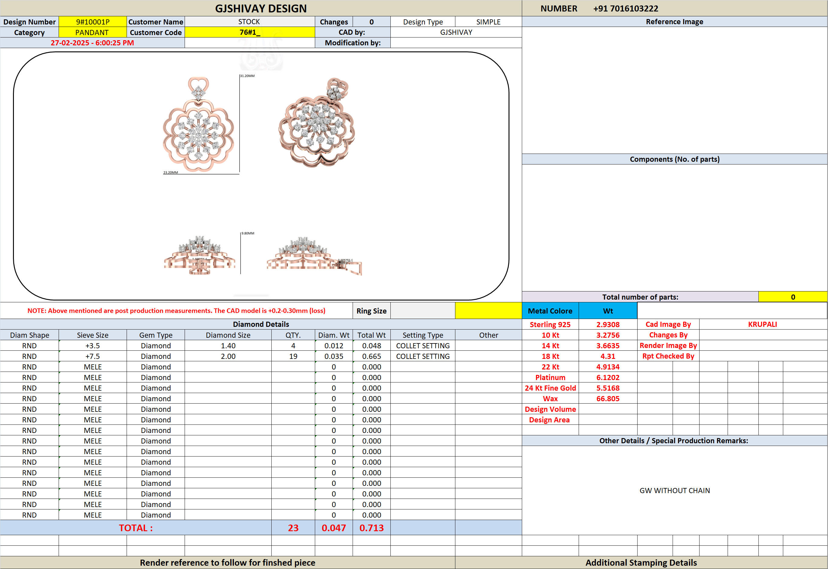 Jewelry pendant spec chart showing diamond details and measurements
