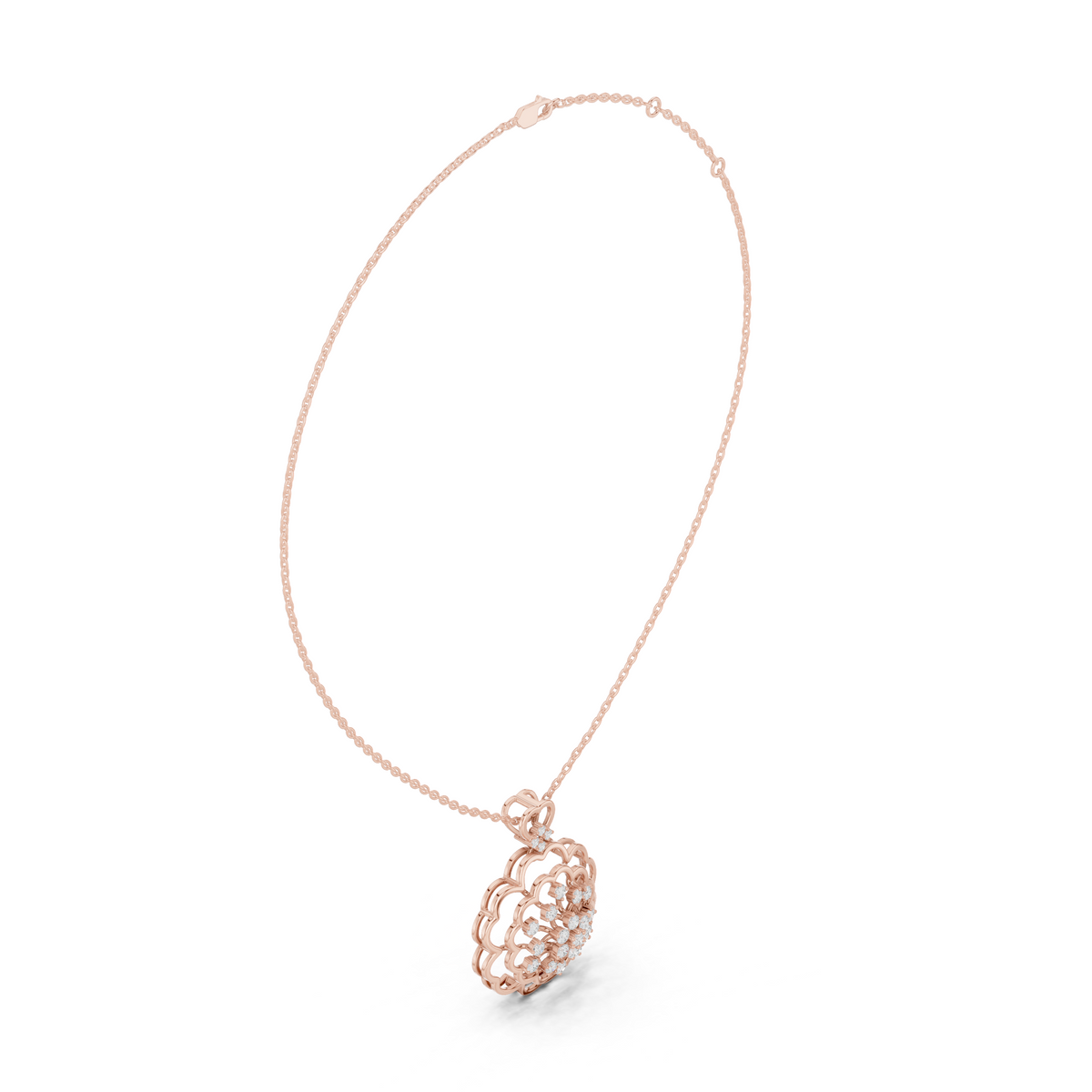 Diamond cluster pendant in rose gold with ornate floral frame and round center diamonds