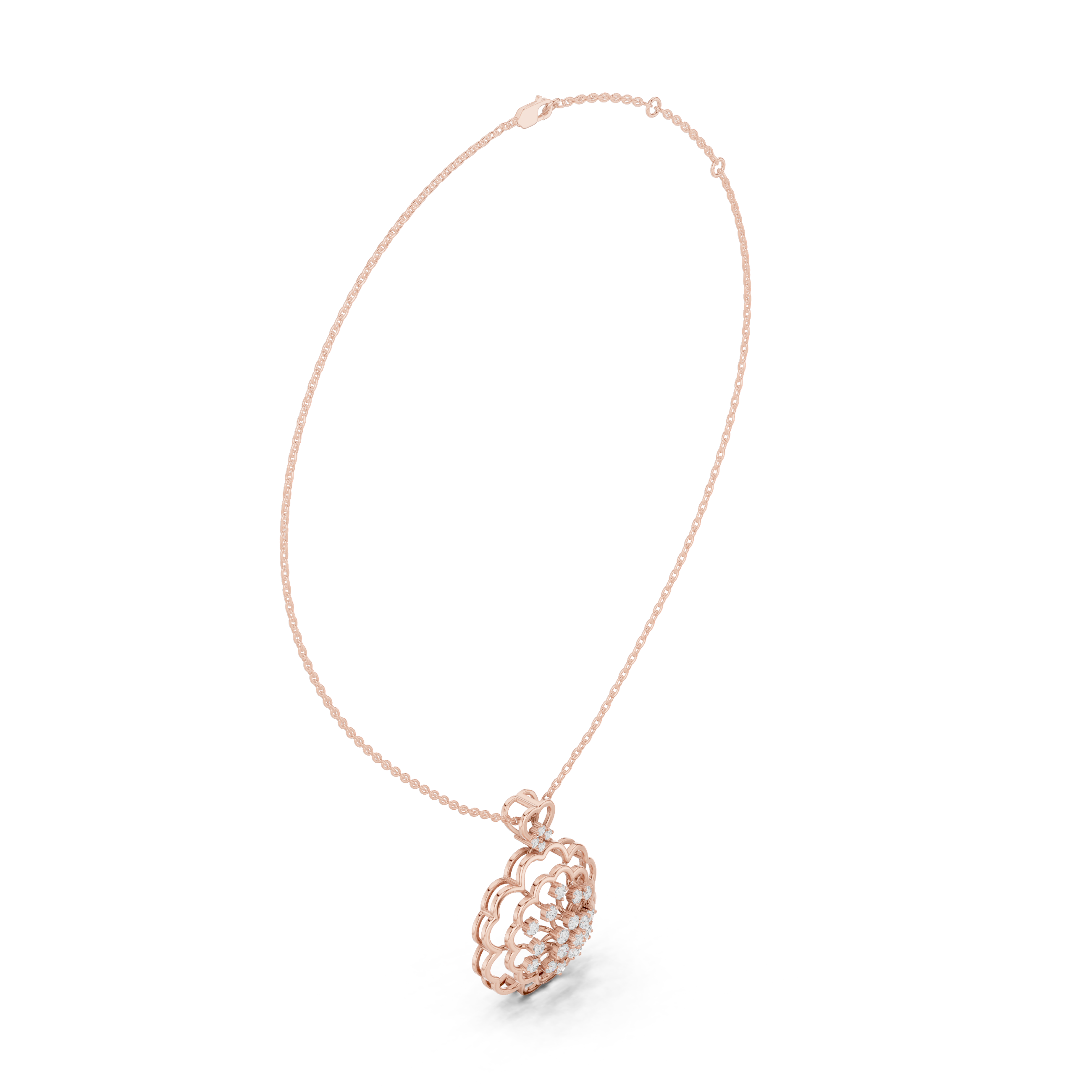 Rose gold floral round diamond cluster pendant charm on a chain