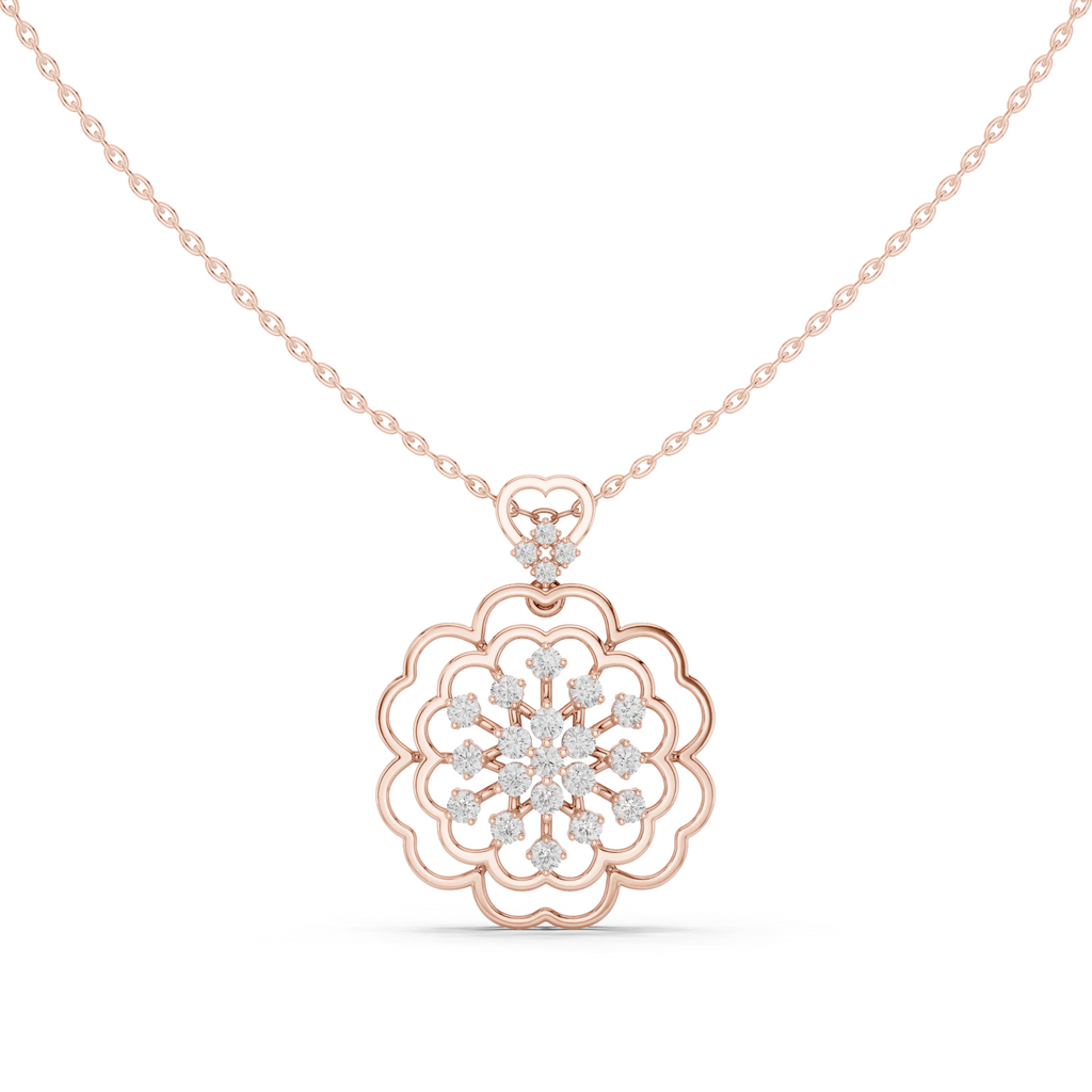 Rose gold front view floral round diamond cluster pendant on a chain