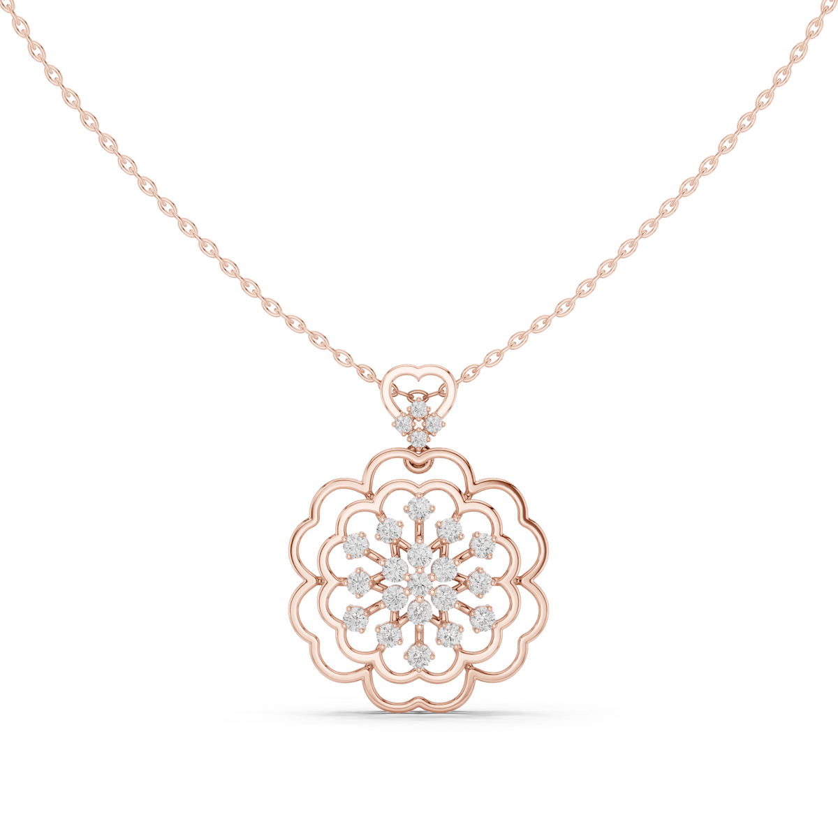 Rose gold front view floral round diamond cluster pendant on a chain