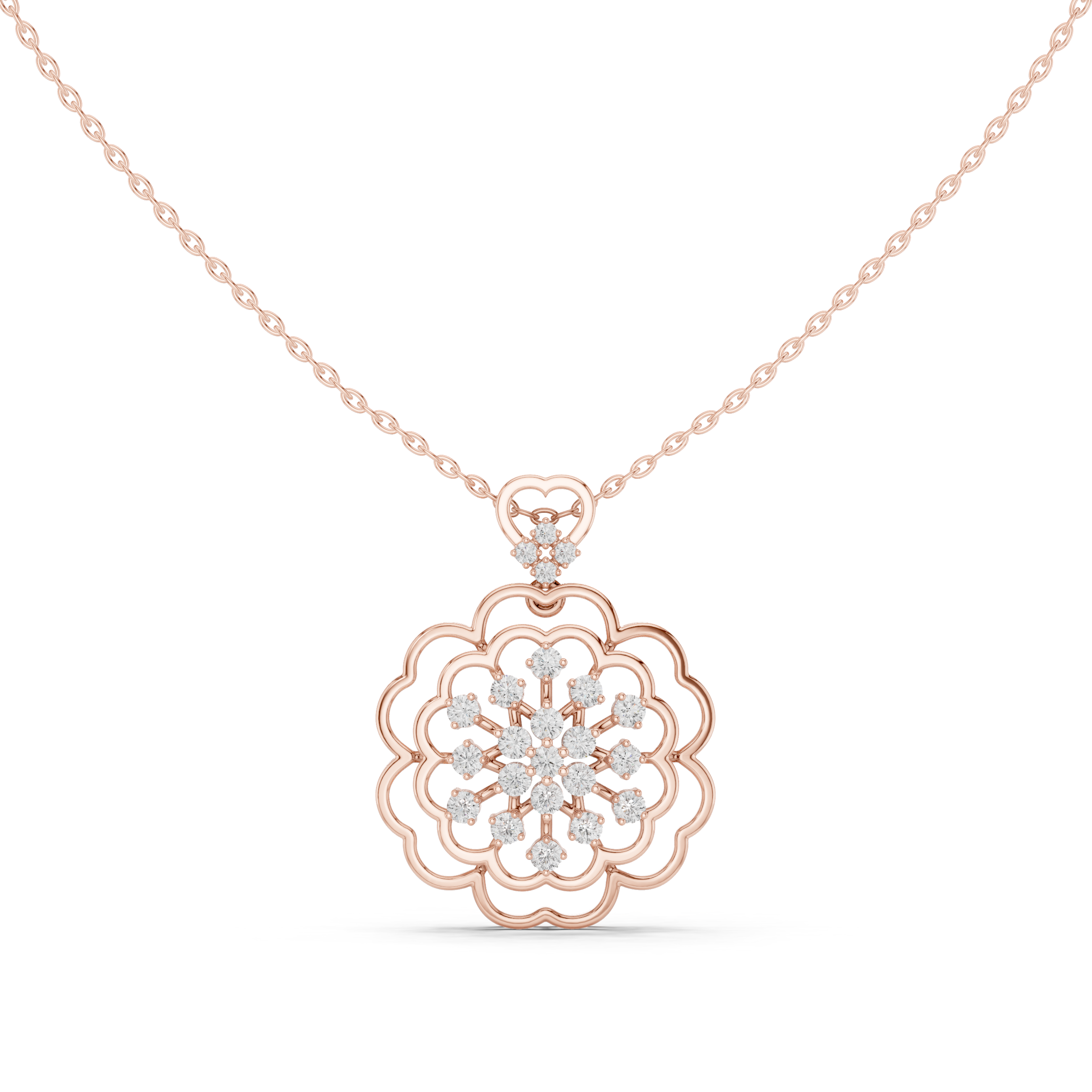 Rose gold front view floral round diamond cluster pendant on a chain
